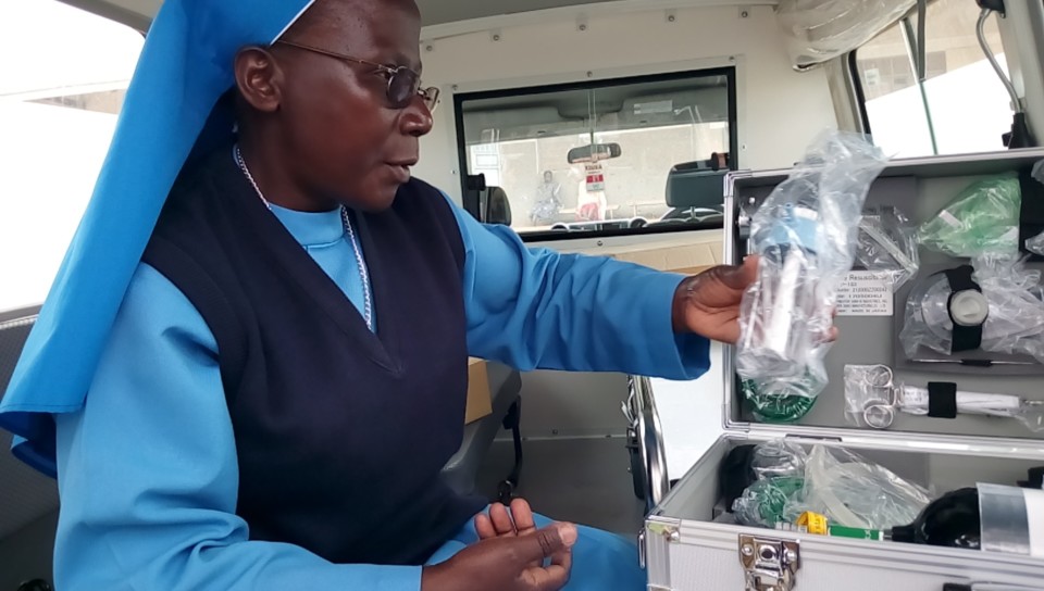 Sister Mary Goretti Inspects Ambulance Bujuni